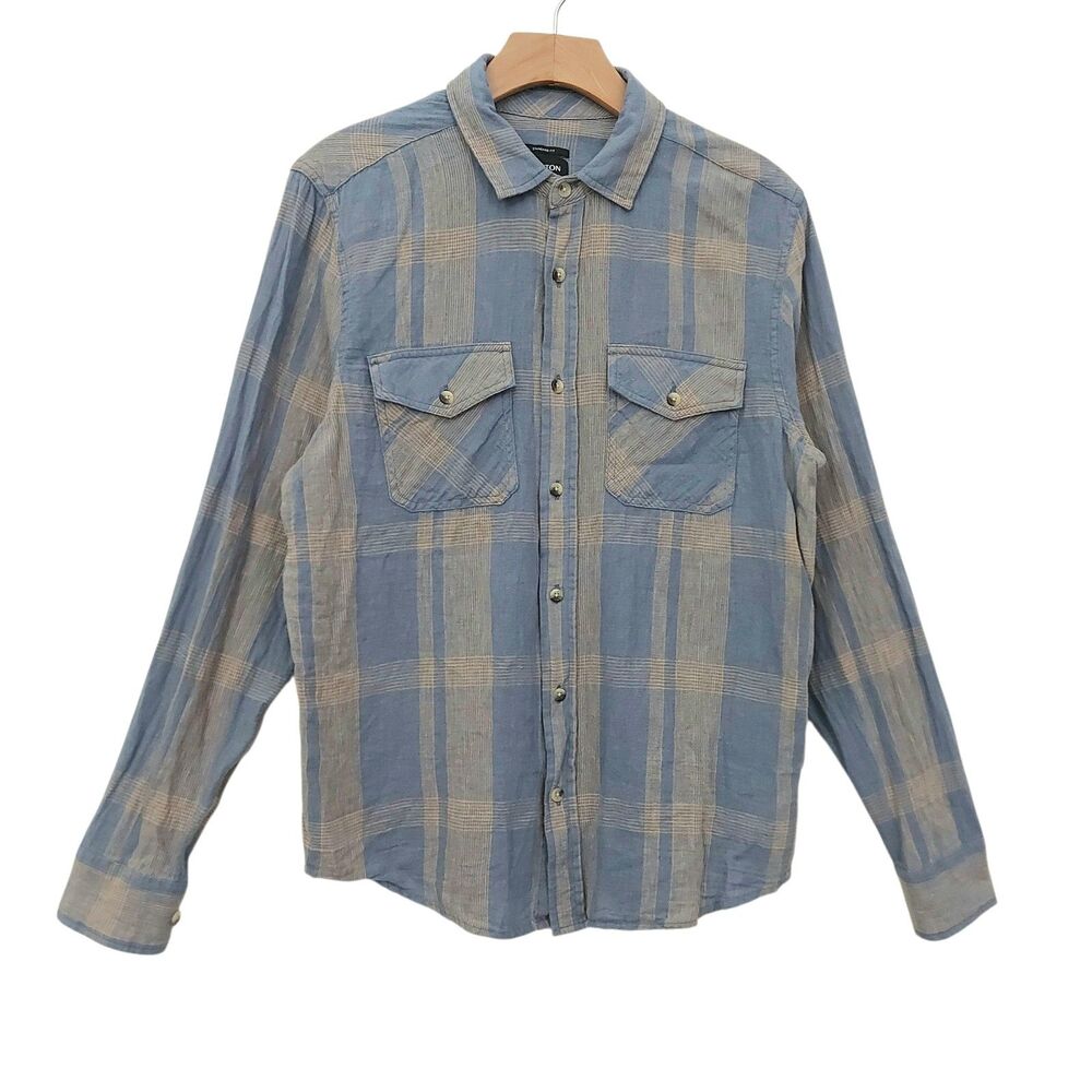Brixton Mens Small Blue Shirt Plaid Linen Cotton Long Sleeve Standard Fit Skater